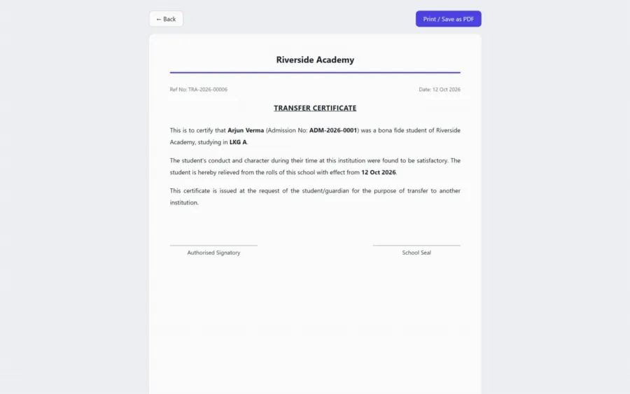 A transfer certificate generated by 23.5 from the student record