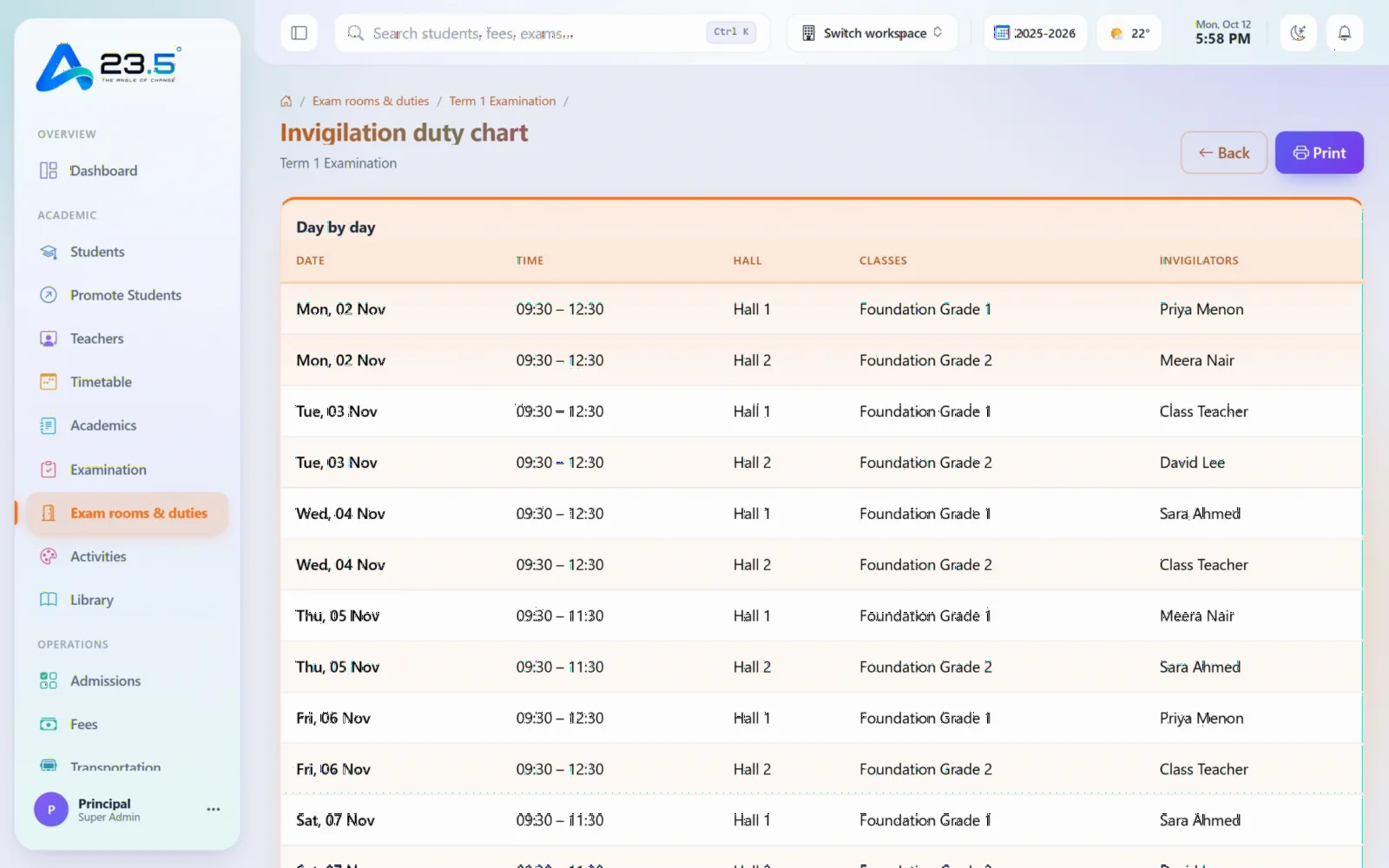 23.5 invigilation duty chart by date, time, hall and invigilator