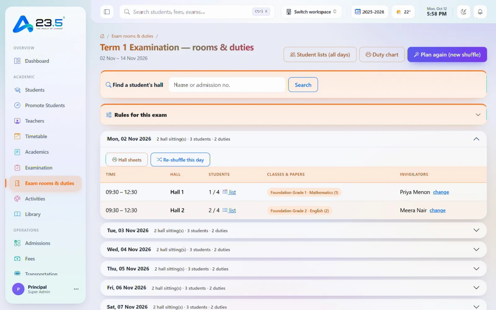 23.5 exam rooms and duties screen showing halls, students and invigilators for each day