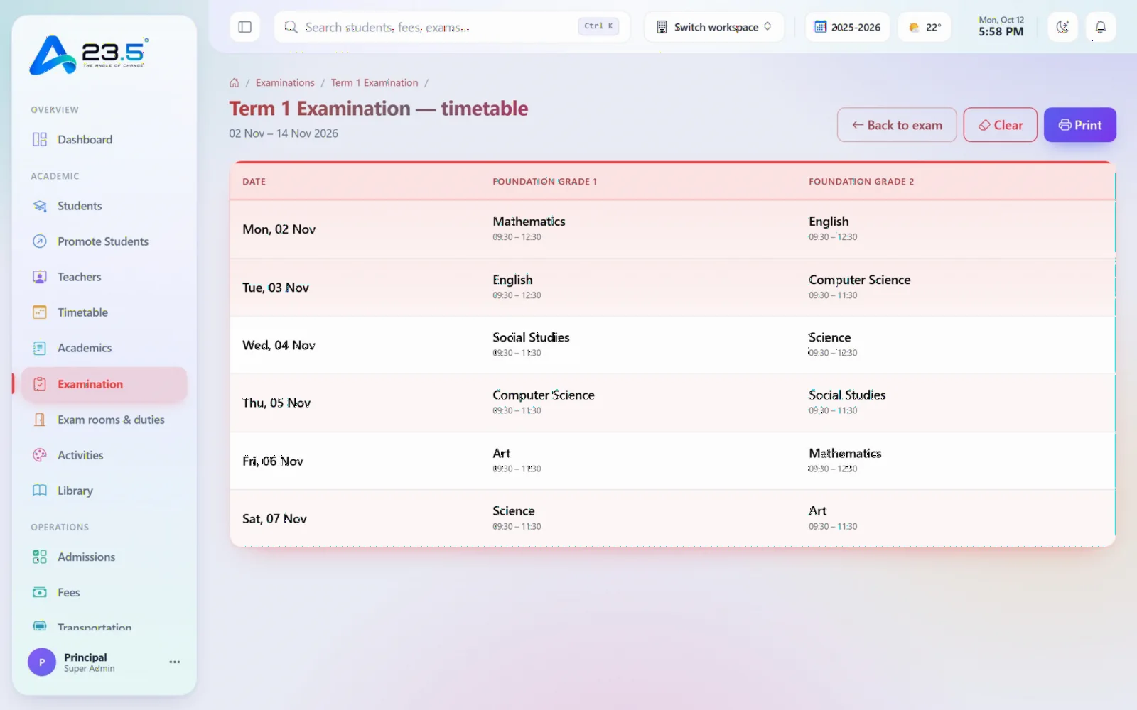 23.5 exam timetable screen