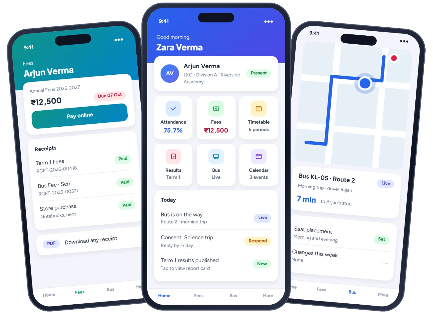 Parent app screens: fees with online payment and receipts, a home screen with attendance and results, and live bus tracking