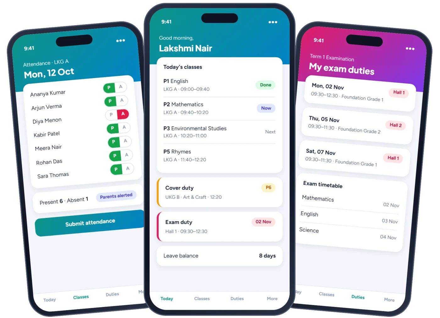 Teacher app screens: marking attendance, today's classes with cover and exam duty, and the teacher's exam duties