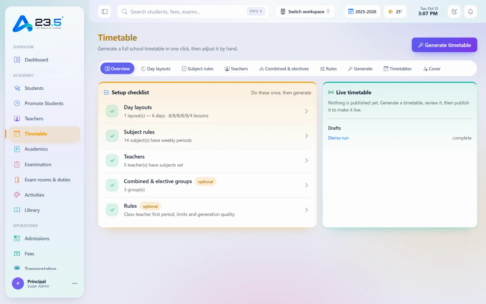 23.5 timetable · setup screen