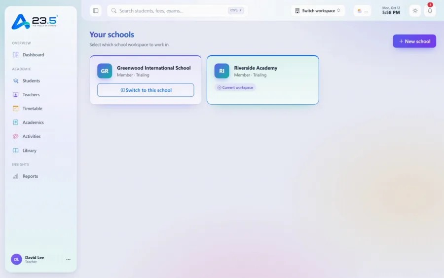23.5 Your schools screen for switching between school workspaces
